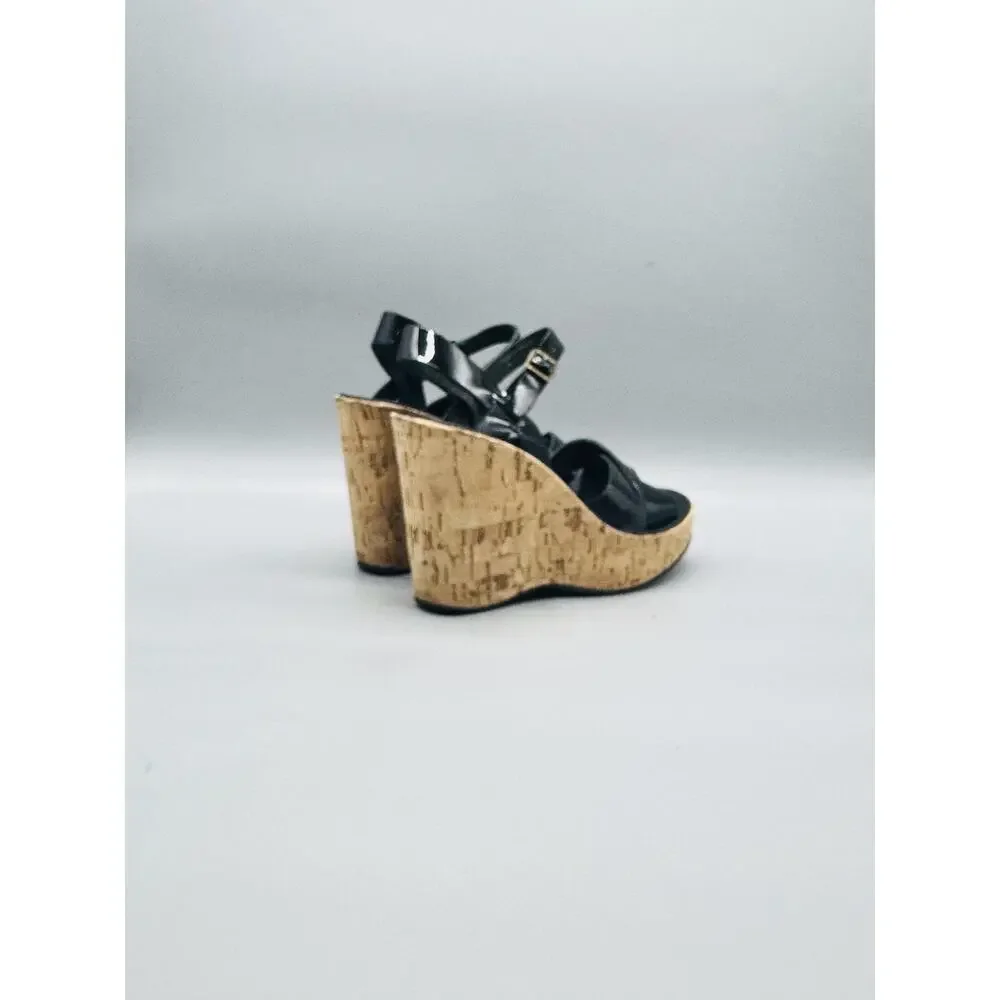 Kork Ease Sandals Womens 6 Black Patent Leather Bette II Strappy Cork Wedge Shoe